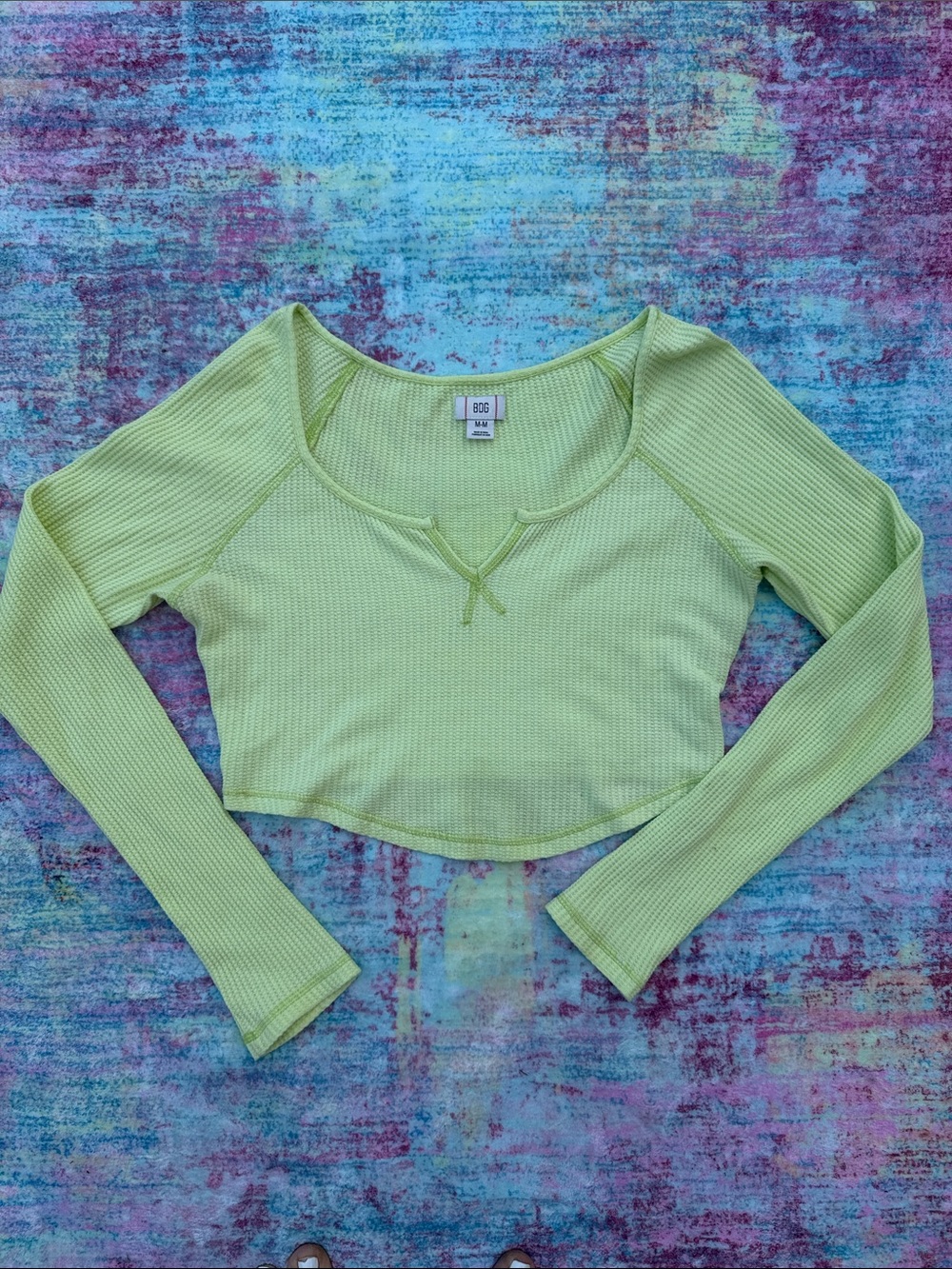 BDG Lime Ribbed Long-Sleeve Cropped Top